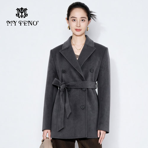 马天奴双排扣羊毛混羊绒呢大衣