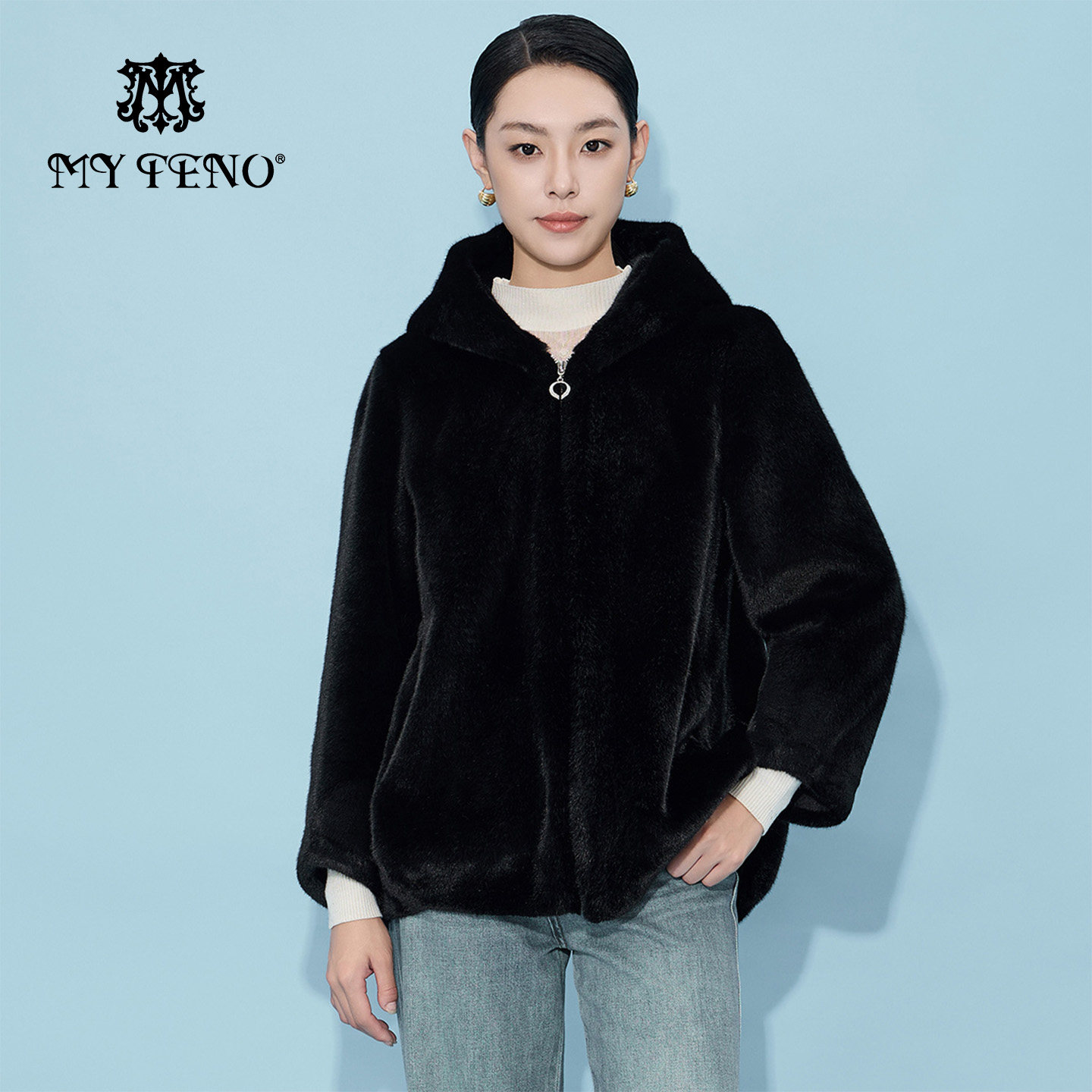 马天奴纯色连帽拉链金貂绒外套