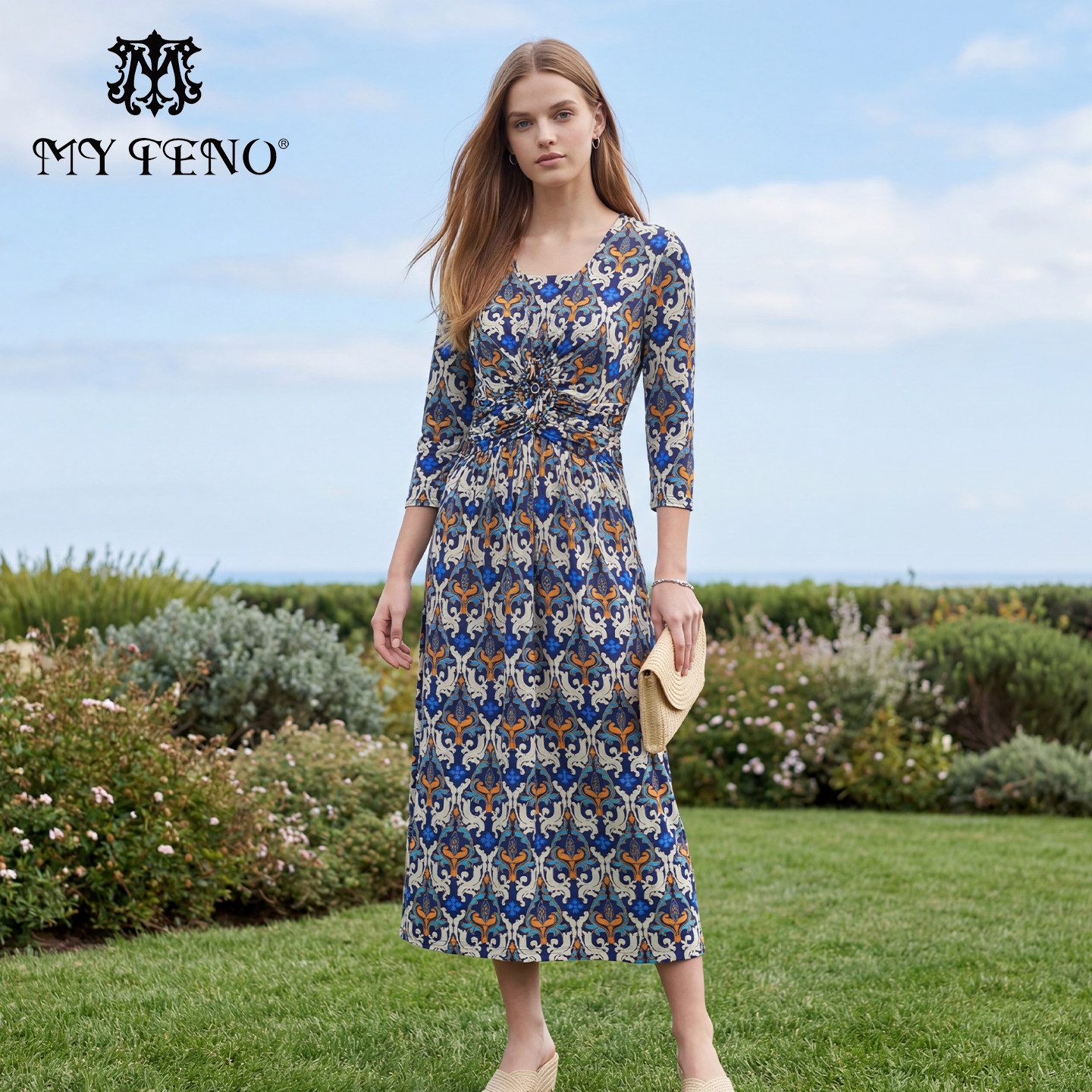 马天奴2025秋冬新款蓝色印花V领钉珠收腰连衣裙子气质法式度假女,女装/女士精品,连衣裙,淘宝优惠券,粉丝福利购,淘宝优惠卷