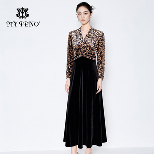 气质时尚 咖撞黑豹纹拼接连衣裙子V领收腰长袖 新款 马天奴2025冬季