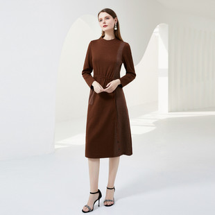 马天奴女装春秋新款棕色拼接格纹收腰针织裙连衣裙长裙长袖礼裙
