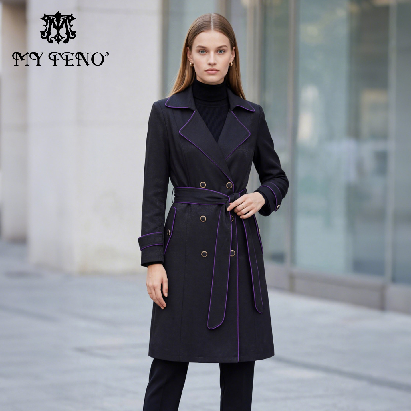 马天奴2025冬季新款黑色翻领双排扣风衣外套收腰带撞色气质百搭女,女装/女士精品,风衣,淘宝优惠券,粉丝福利购,淘宝优惠卷