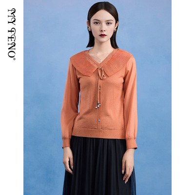 马天奴橙色V领系带针织衫