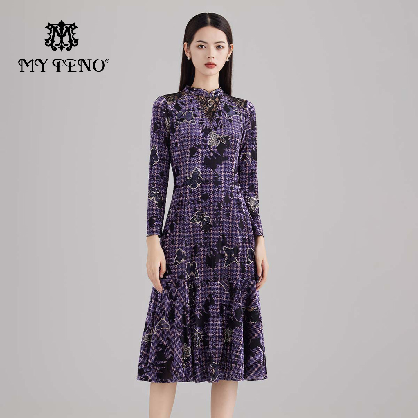 马天奴紫色丝绒印花钉珠连衣裙