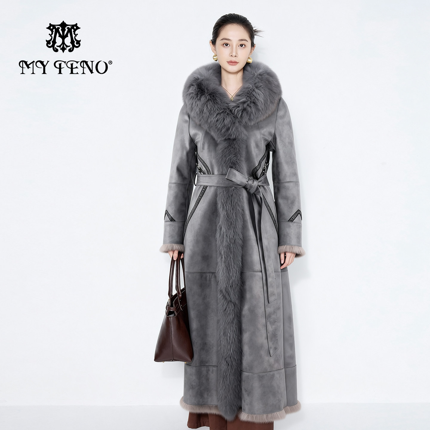 马天奴狐狸毛领长款皮草大衣