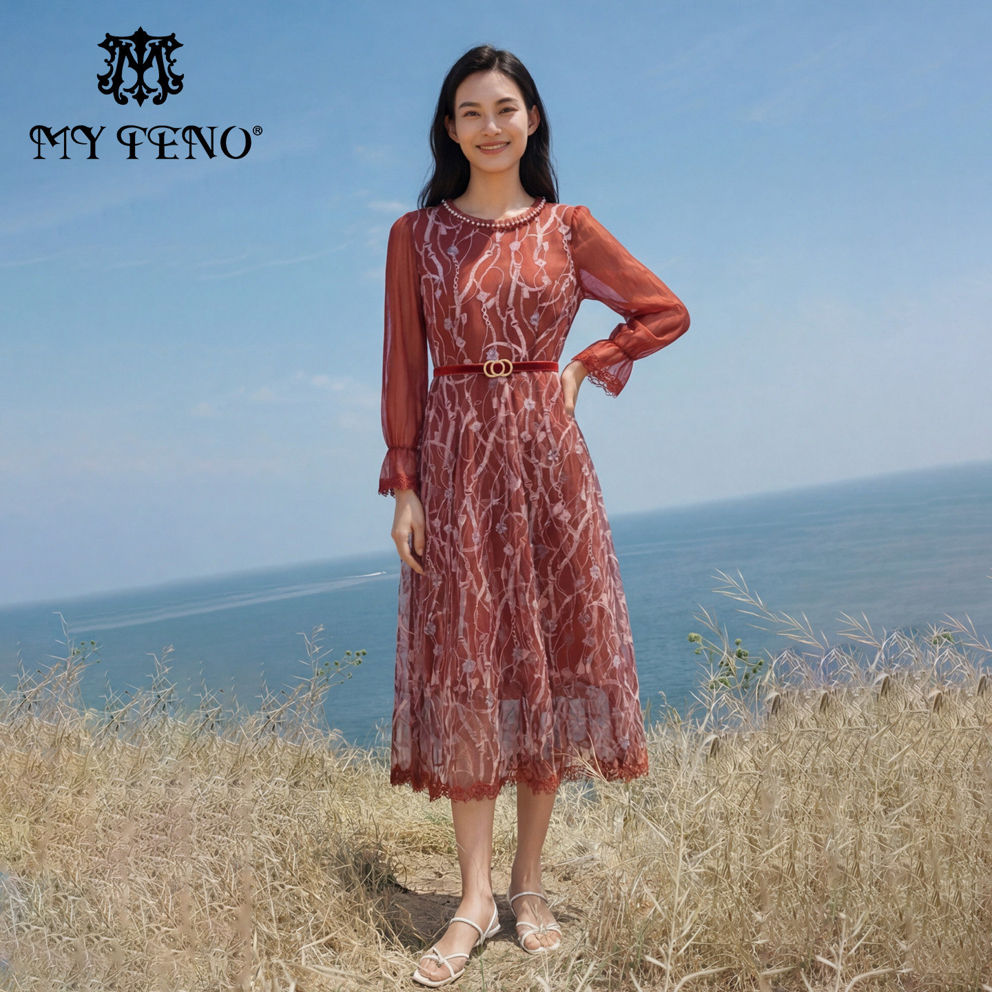 马天奴2026春夏新款红色刺绣网纱连衣裙子圆领长袖收腰气质时尚女,女装/女士精品,连衣裙,淘宝优惠券,粉丝福利购,淘宝优惠卷