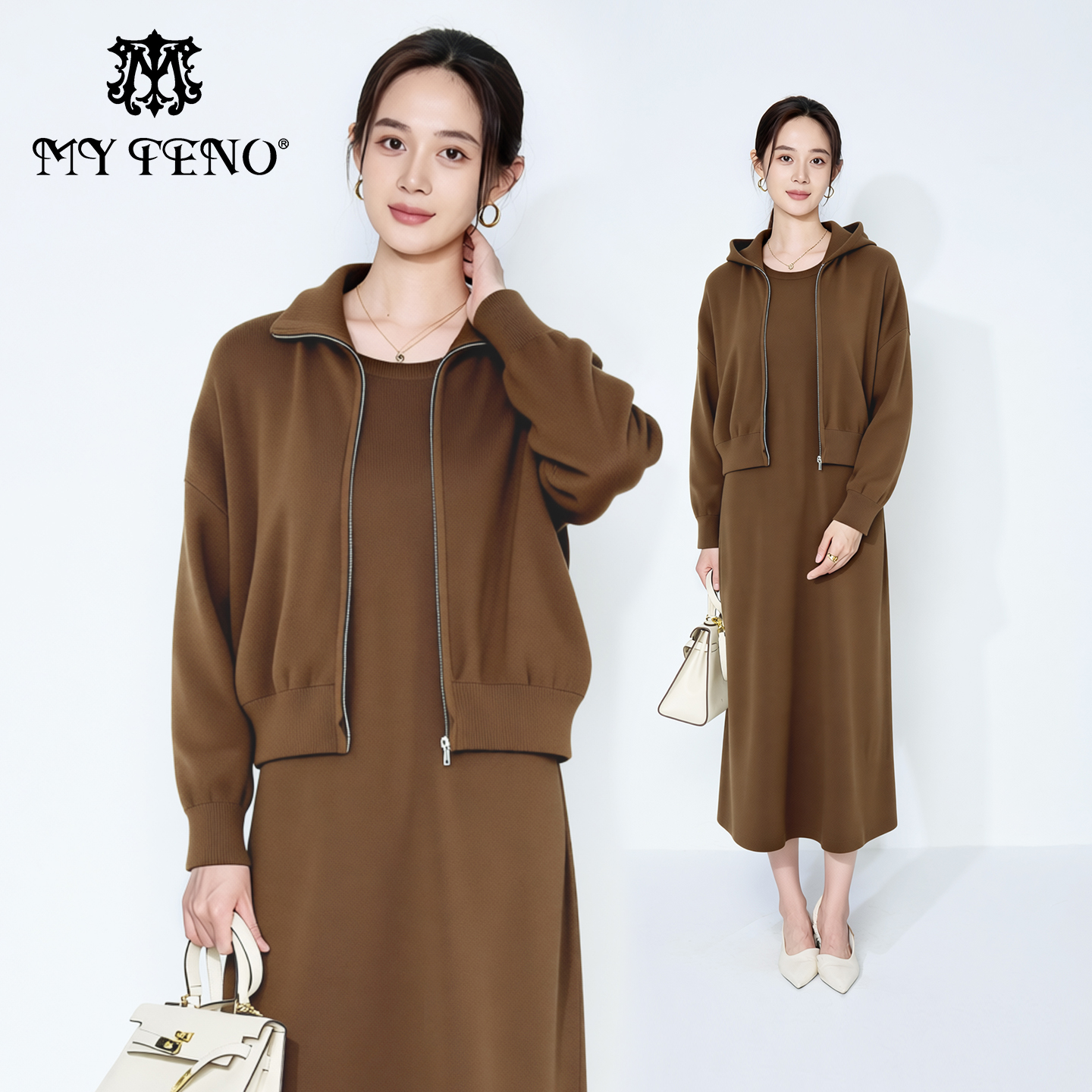 马天奴咖色翻领拉链针织短外套