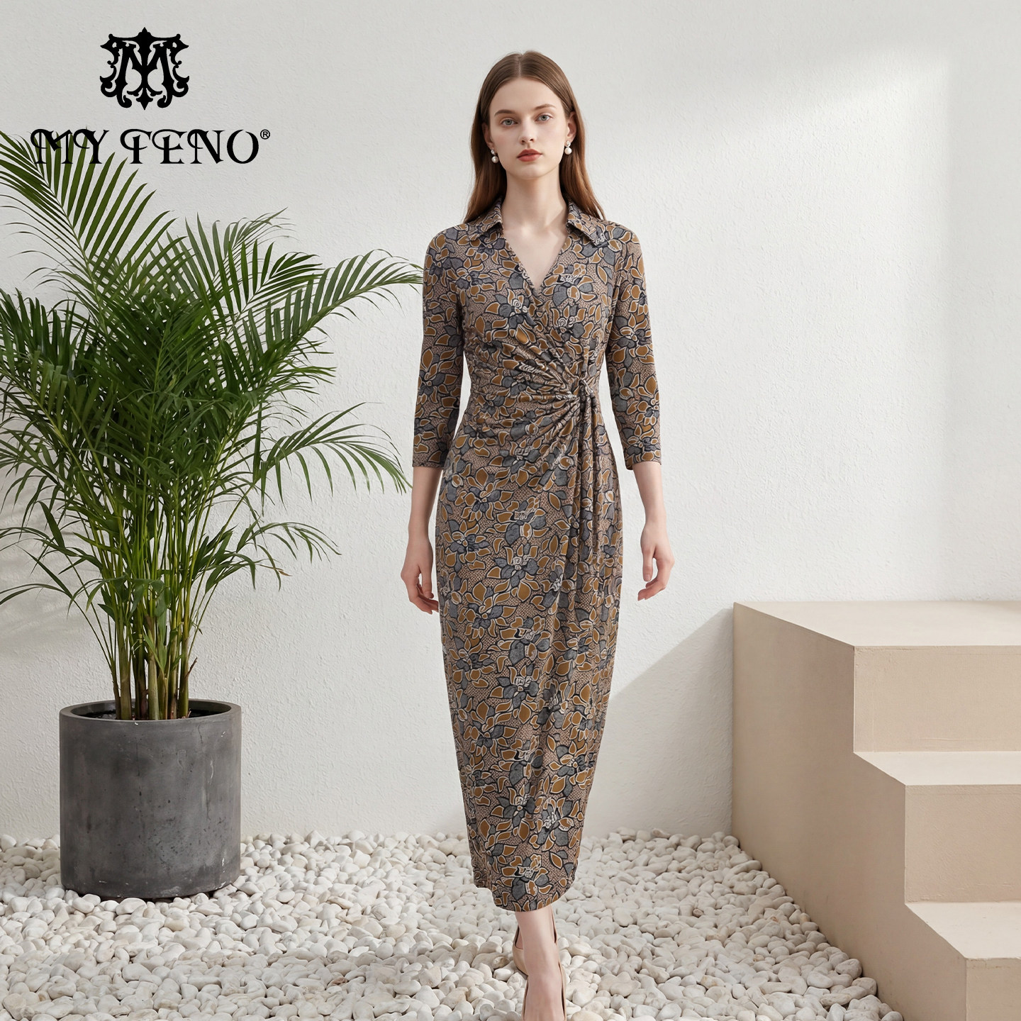 马天奴女装春夏新款黄灰色印花翻领连衣裙子修身绑带气质时尚百搭