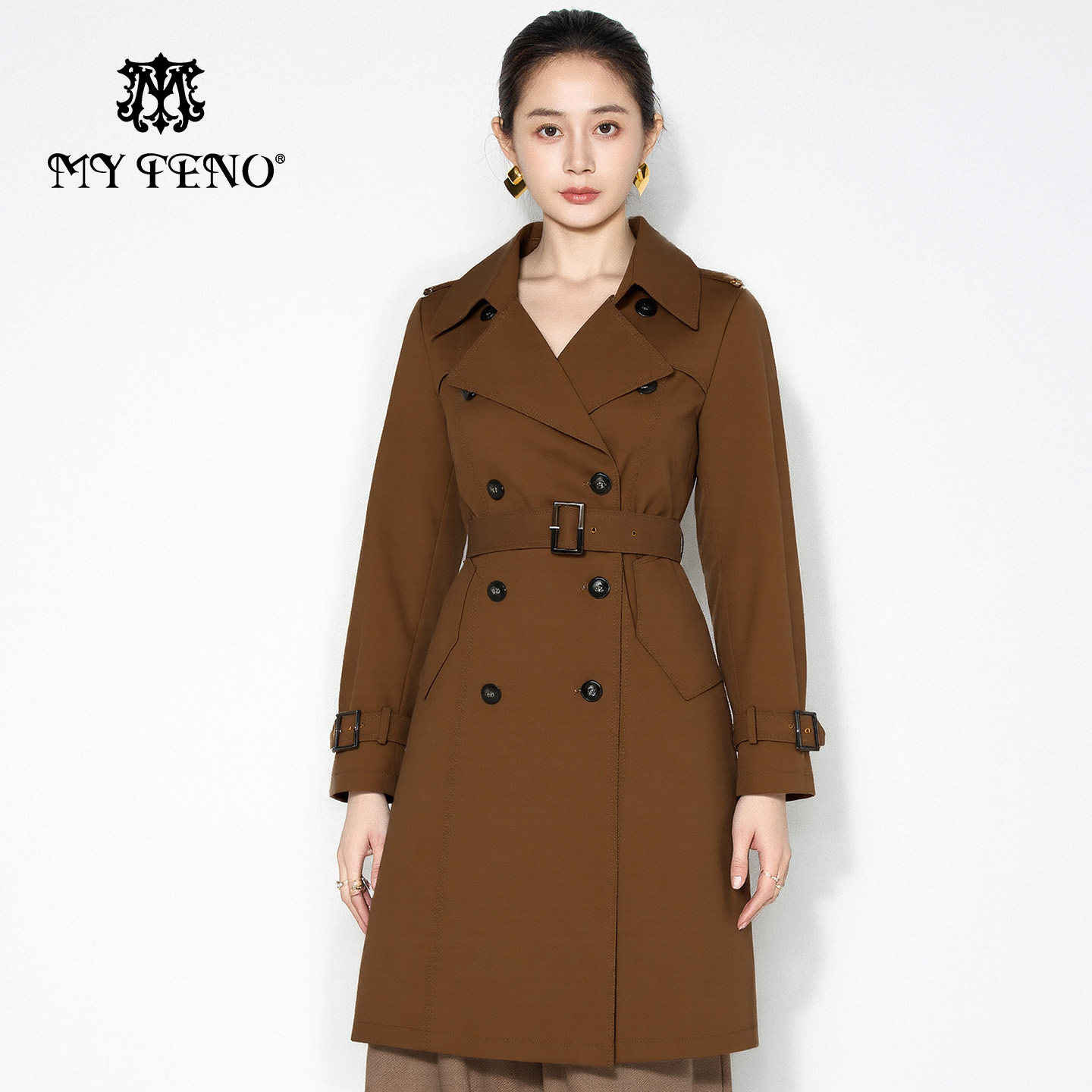 马天奴浅咖棕大翻领双排扣风衣