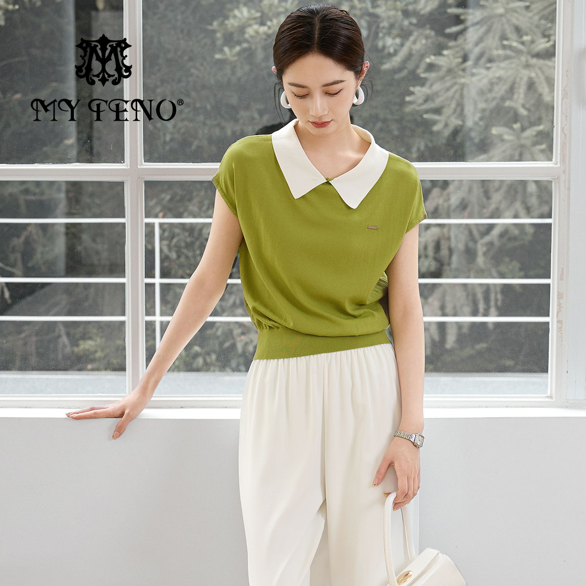 马天奴撞色翻领短袖时尚针织衫