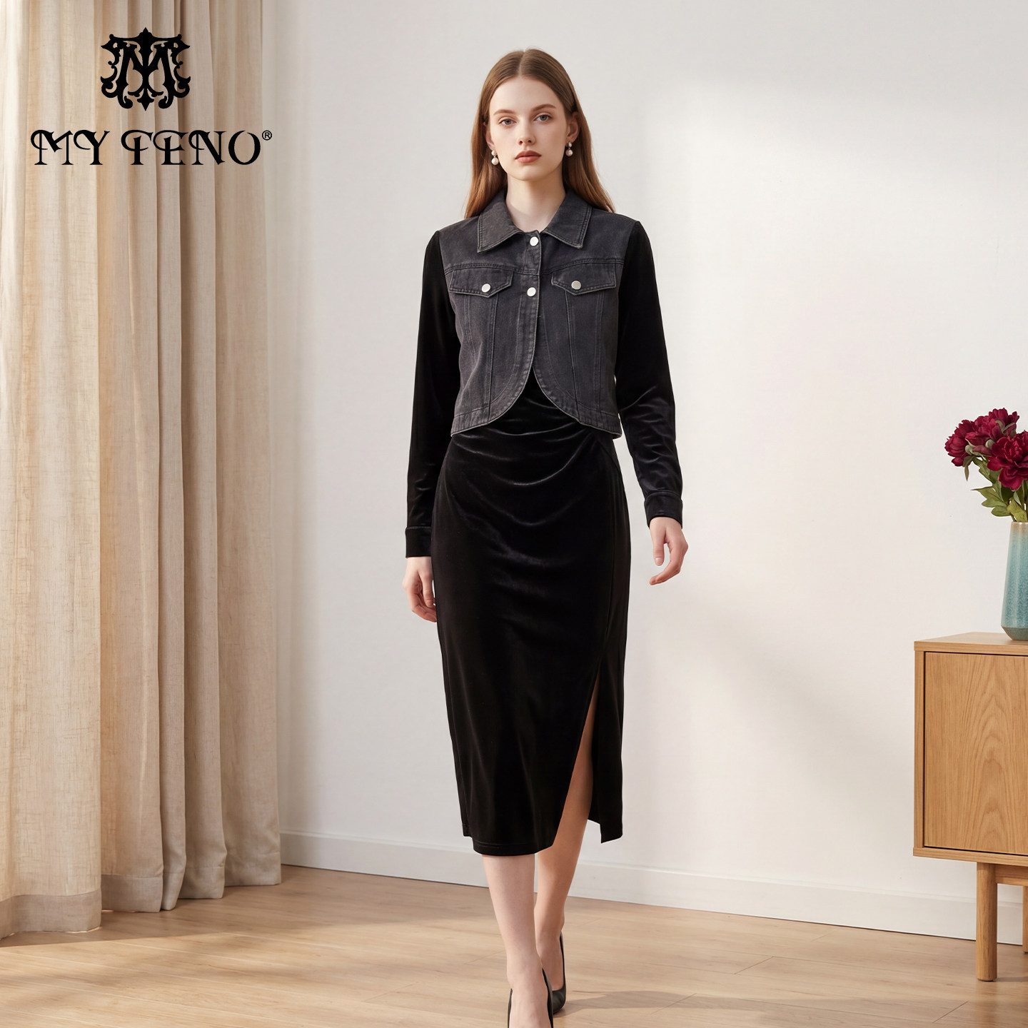 马天奴女装春秋新款黑色拼接牛仔外套无袖收腰连衣裙子两件套装