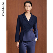 马天奴2024冬季 配腰带 西服外套修身 新款 藏青色青果领双排扣西装