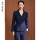 马天奴2024冬季 配腰带 西服外套修身 新款 藏青色青果领双排扣西装