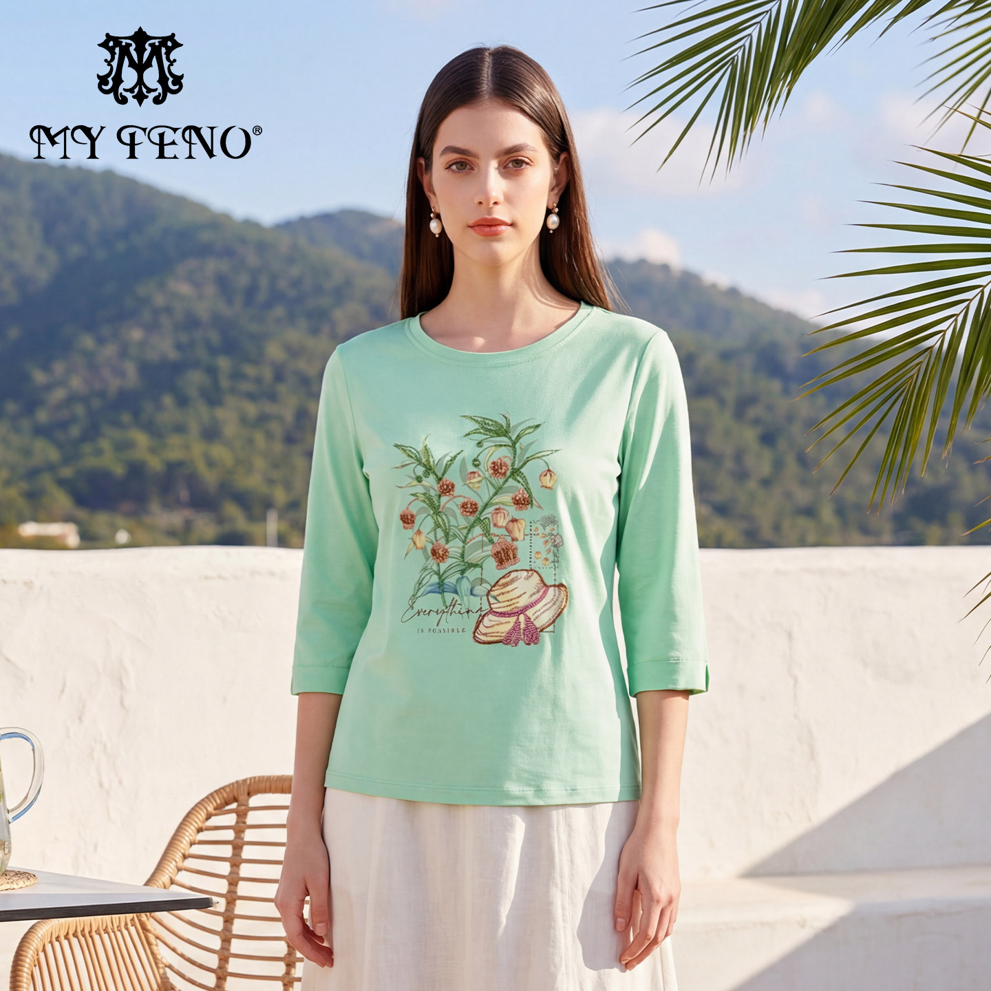 马天奴新款粉红棉质刺绣印花T恤圆领七分袖上衣时尚百搭,女装/女士精品,T恤,淘宝优惠券,粉丝福利购,淘宝优惠卷