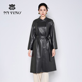 马天奴2025秋冬新款 通勤女装 长款 皮革皮衣外套大衣收腰带气质时尚
