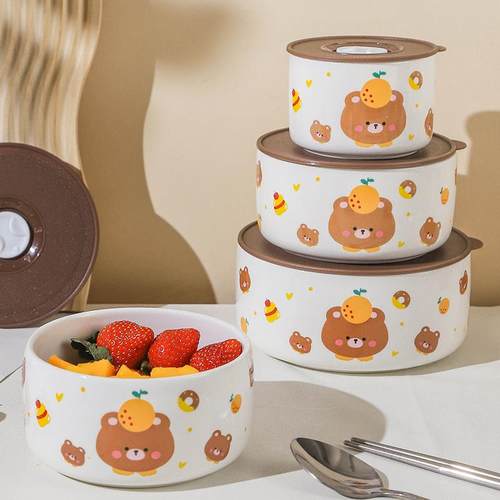 陶瓷保鲜碗带密封盖饭盒上班族可微波炉加热便当盒保温袋套装之满