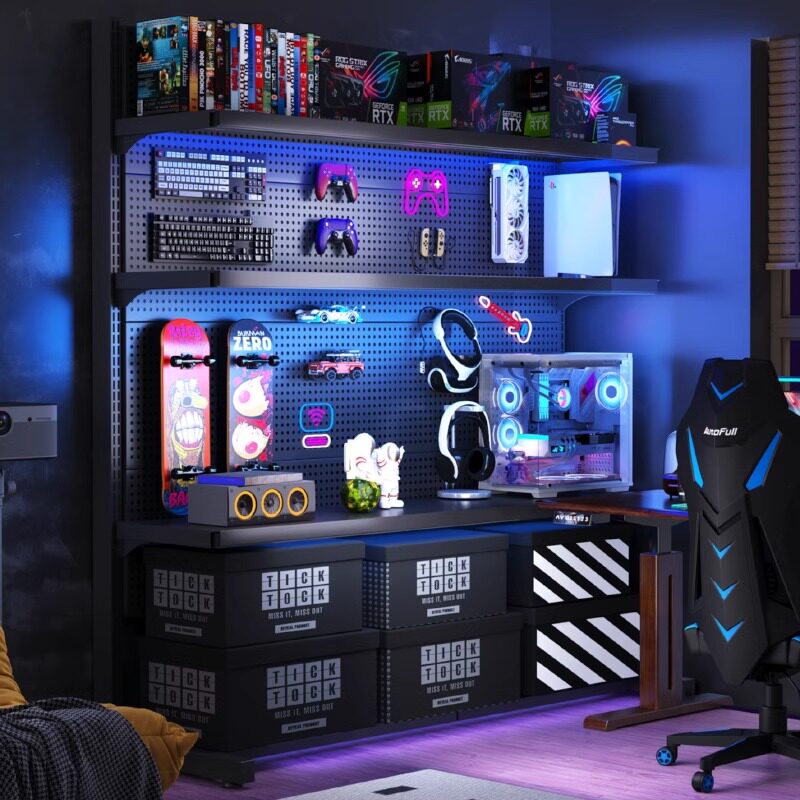 立式洞洞板置物架电竞房装饰布置落地金属免打孔电脑桌面收纳改造