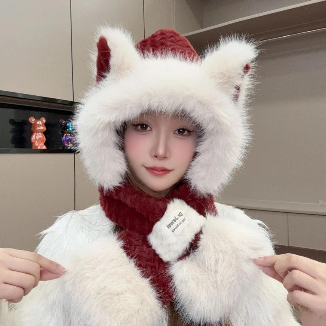 可爱毛茸狐狸耳朵帽子围巾