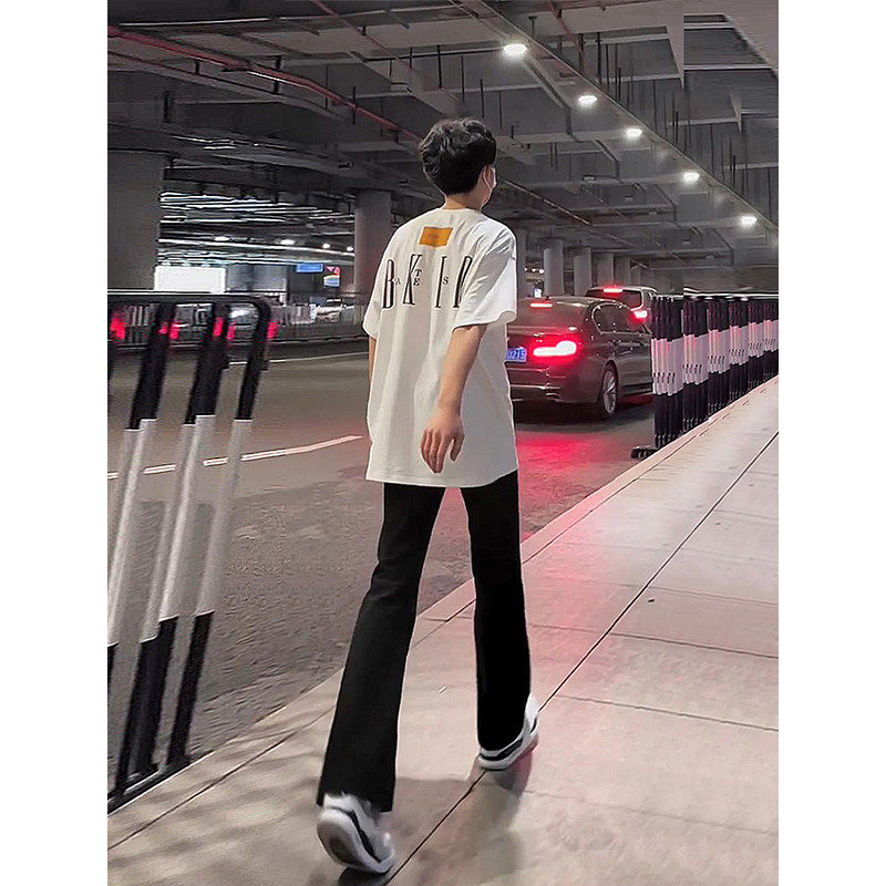 黑色弹力软牛仔裤男夏季直筒修身微喇vibe裤子美式高街窄版弯刀裤
