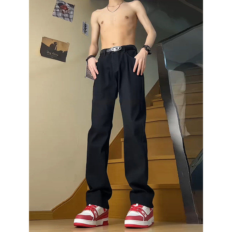 黑色柳叶弯刀微喇牛仔裤男款夏季美式cleanfit裤子修身显瘦直筒裤