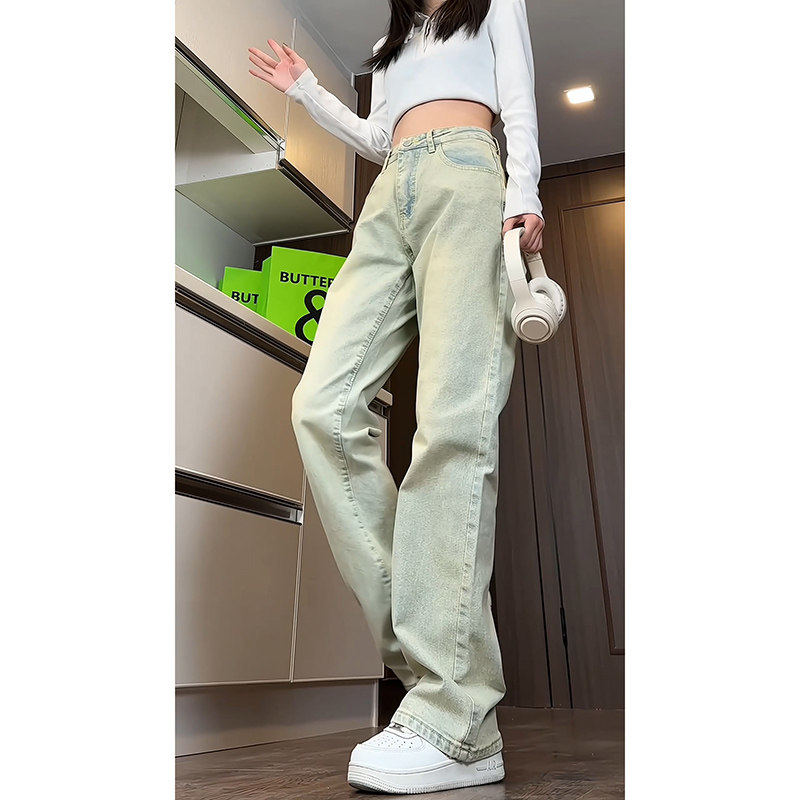 黄泥色弹力牛仔裤女 美式高街直筒裤夏季棉质耐磨牛仔布裤