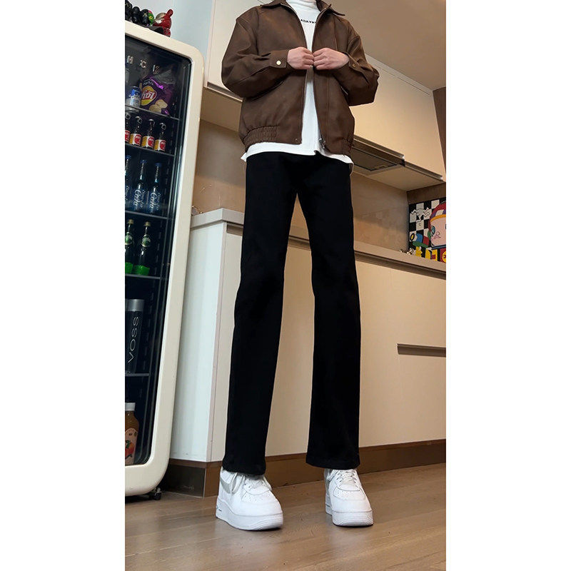cleanfit黑色直筒牛仔裤男款皮带款高个子加长版裤子春秋微喇长裤