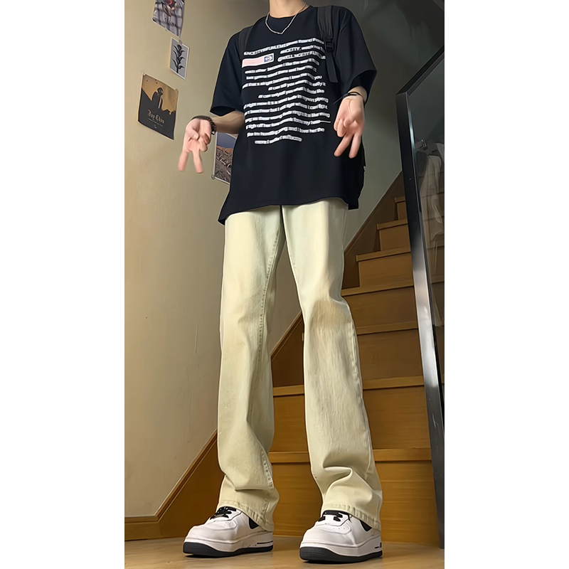 黄泥色牛仔裤男款修身cleanfit裤子美式高街vibe风直筒弯刀微喇裤