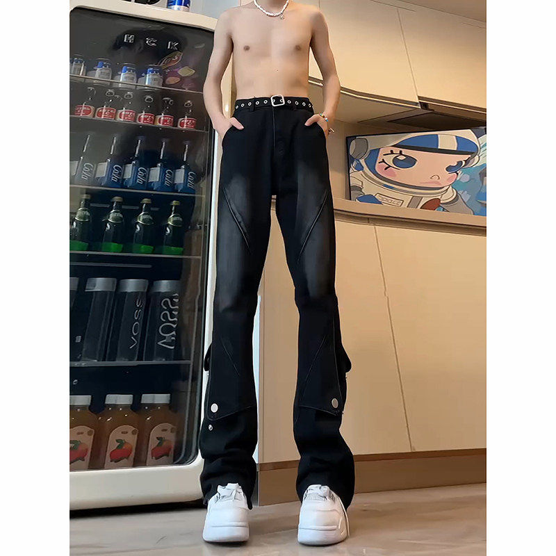 黑色拼接重工牛仔裤男高个子加长美式vibe夏季裤子修身直筒微喇裤