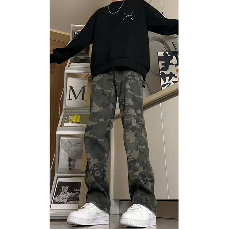 vintage伐木迷彩裤男款秋冬加绒美式vibe裤子直筒微喇工装牛仔裤