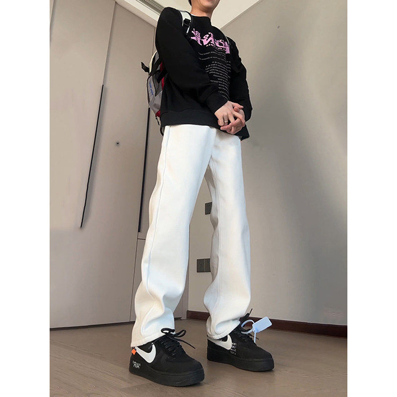白色高腰微喇弯刀牛仔裤男款夏季美式高街vibe裤子修身直筒休闲裤