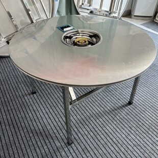 全不锈钢火锅桌商用炉煤气炉加厚圆桌韩式 然气炉折叠餐桌