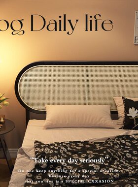 中卧室藤编复古风侘寂床现代简约实木法式床古1.8m双人床黑色北欧