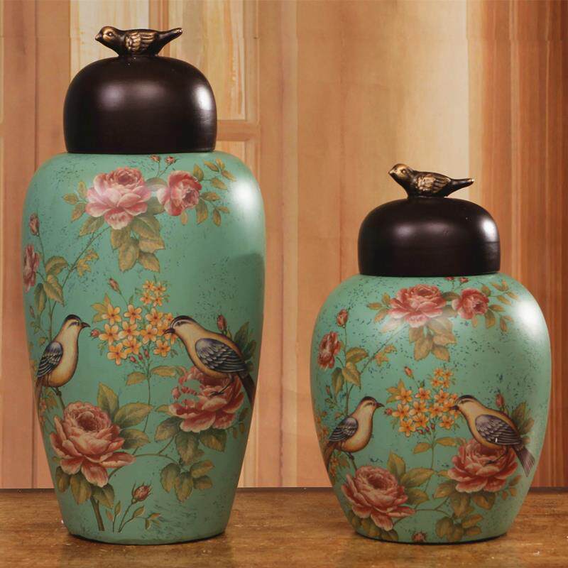 美式乡村花鸟陶瓷储物罐家居软装饰品客厅玄关酒柜样板间摆件欧式
