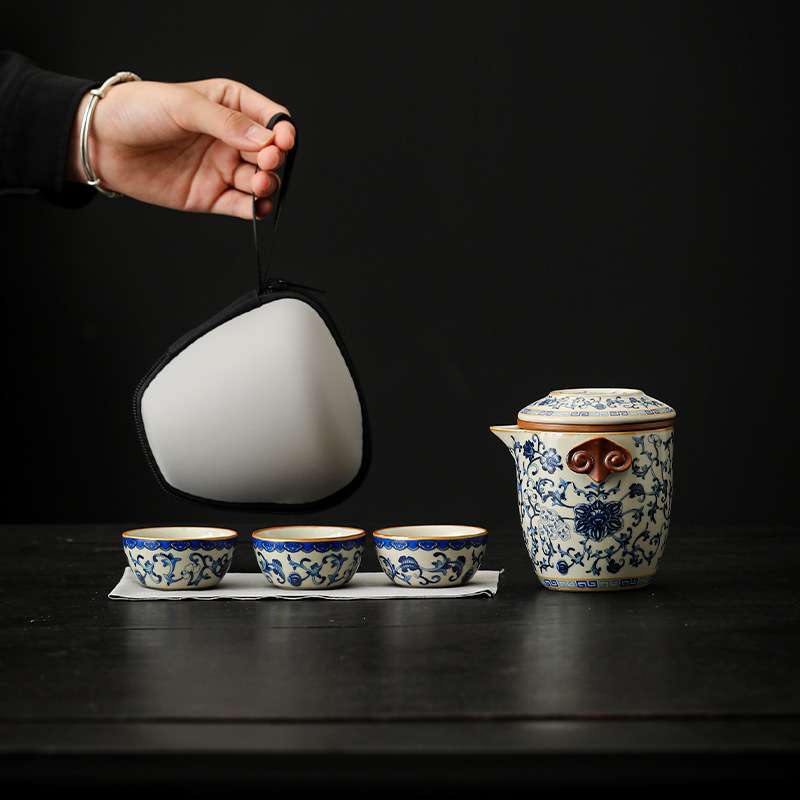 在瓷里快客杯一壶二杯缠枝莲米黄汝窑旅行茶具套装便携式户外露营