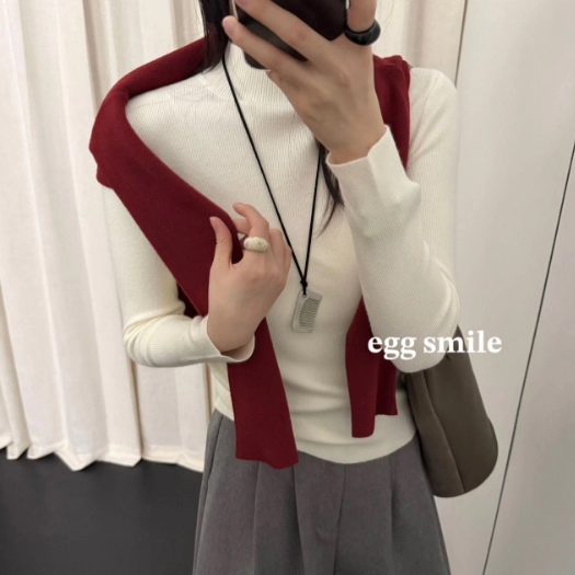 egg smile软糯兔绒一体领针织衫纸片人半高领打底衫秋冬季内搭L