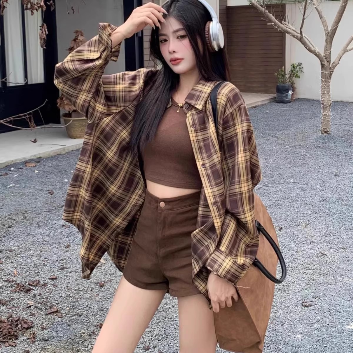 【秋季新款】韩版hiphop撞色格子长袖衬衫宽松慵懒风百搭外套xt