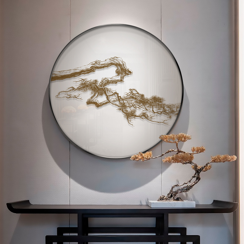 极速新中式禅意装饰画o软装样板房玄关客厅浮雕挂画多联松树圆形图片