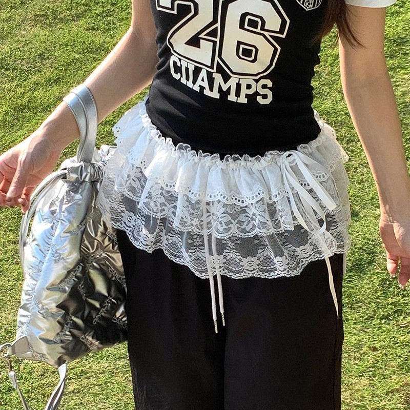 白色蕾丝屁帘女搭配裤子绑系裙摆打底裙帘叠穿系带短裙网纱半身裙图片