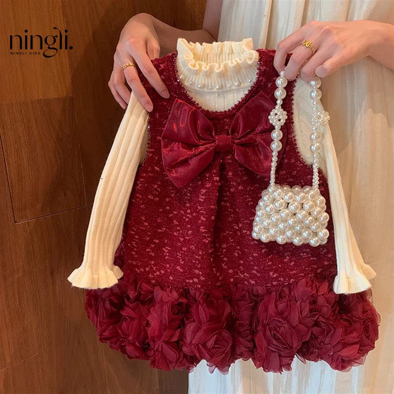 女童拜年服公主裙周岁礼服新款冬装女宝宝背心裙加绒连衣裙红