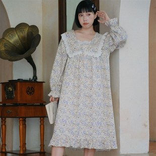 法式 宽松公主风连衣裙 碎花甜美睡衣复古睡裙女春B秋纯棉长袖 长款