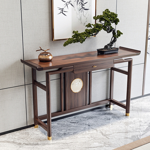新中式实木玄关桌乌金色榆木条案供台现代简约轻奢入户门厅端景台