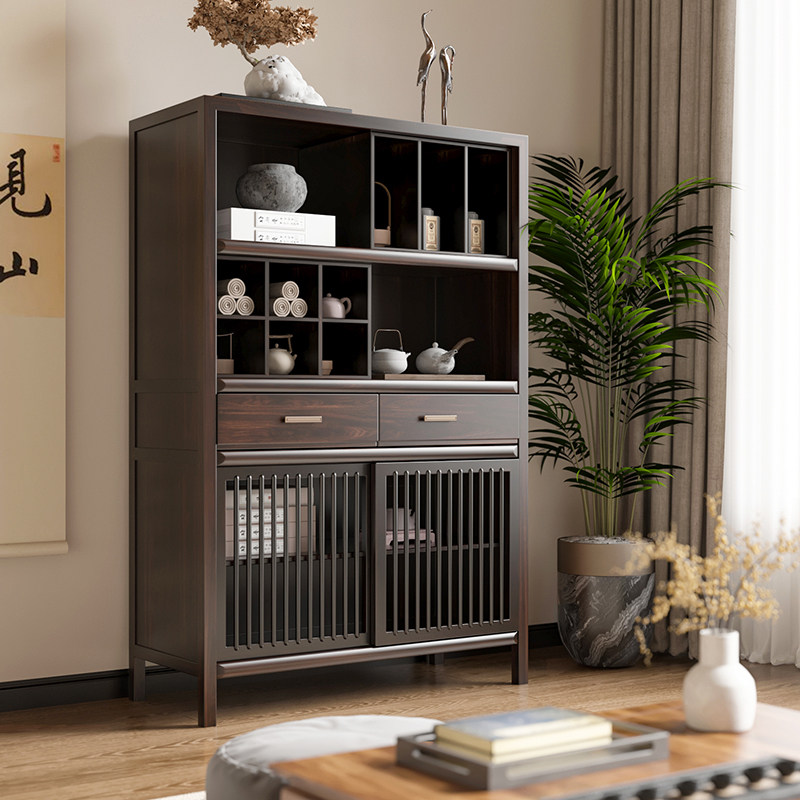 中古风餐边柜储物柜靠墙矮柜茶室实木博古架茶柜展示柜书房收纳柜