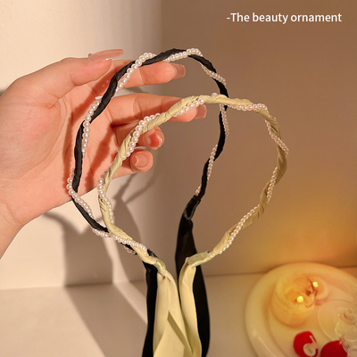 优雅气质珍珠缎面编发飘带t发箍2023年新款夏季网红细边头箍发饰