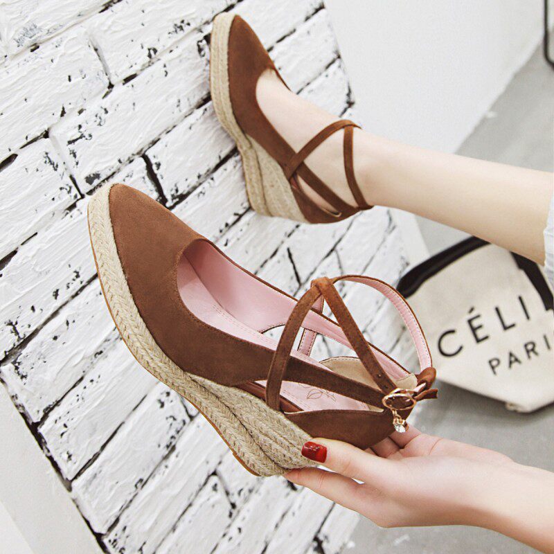 春秋新款大码女鞋浅口尖头高跟鞋绑带草编厚底坡跟单鞋女百搭休闲