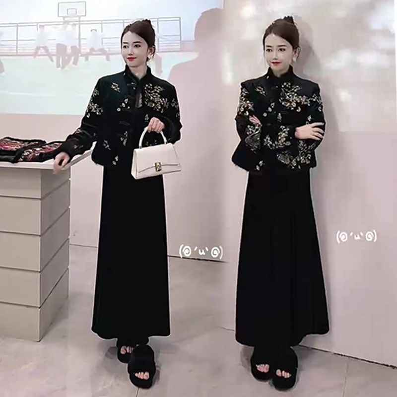 新中式复古高级感两件套女冬季洋气国风棉服显瘦S遮肉裙子时尚套