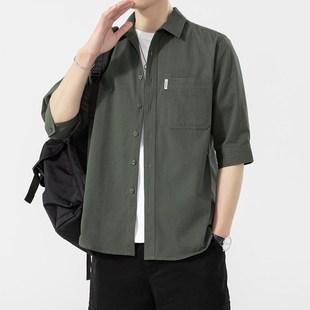 港风日系宽松潮流纯棉七分袖 2024夏季 男士 衬衫 新款