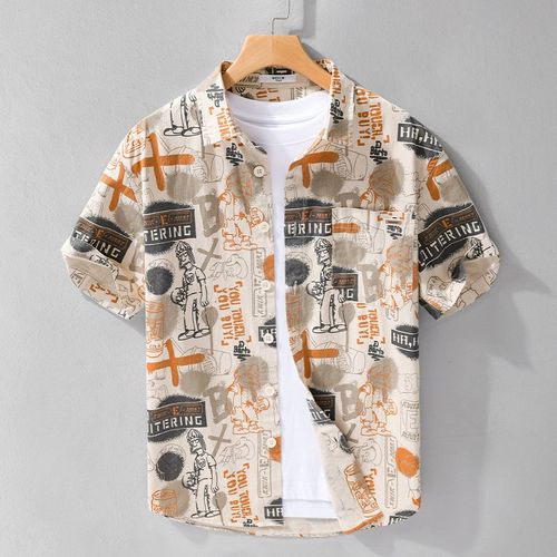 日系潮牌印花纯棉短袖衬衫夏季男装时尚个性休闲宽松流行百搭上衣