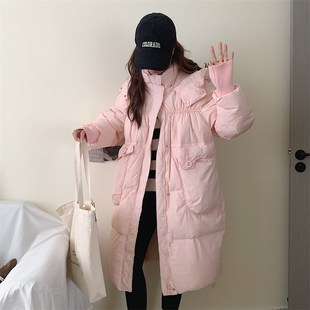 晴雨雪2024反季粉色中长款过膝连帽羽绒服女O韩版宽松保暖加厚外