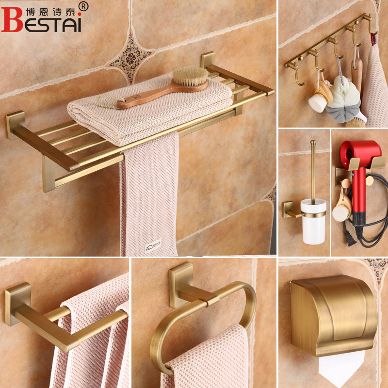 仿古毛巾架免打孔全铜浴巾架浴室挂架卫生间置物架洗Y手间厕所挂