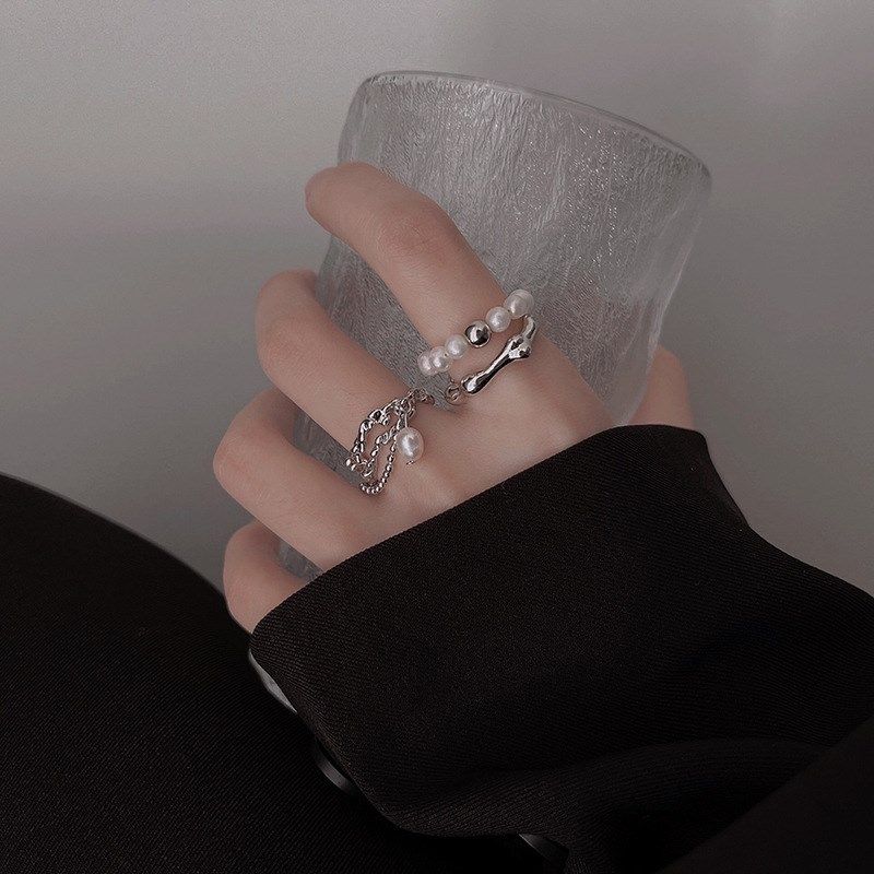 简约冷淡风复古时尚珍珠链条流苏不规则金属戒指女W轻奢气质可调